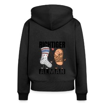 Richtiger Alman Sandalen & Socken Deutsch - Frauen Premium Bio Zip Hoodie - Schwarz - Hinten - Julia (174cm)