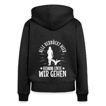 Alle verrückt hier komm Ente wir gehen - Frauen Premium Bio Zip Hoodie - Schwarz - Hinten - Julia (174cm)