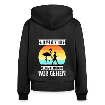 Alle verrückt hier komm Flamingo wir gehen - Frauen Premium Bio Zip Hoodie - Schwarz - Hinten - Julia (174cm)
