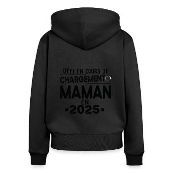 2025 Maman Grossesse Cadeau Humour Mère - Sweat à capuche zippé Premium bio Femme - noir - Dos - Julia (174cm)