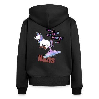Einhorn gegen Nazis, gegen Rassismus Shirt - Frauen Premium Bio Zip Hoodie - Schwarz - Hinten - Julia (174cm)