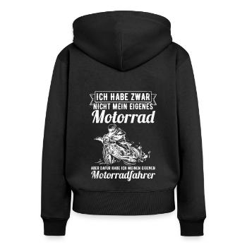 Ich habe zwar nicht mein eigenes Motorrad Bikerin - Frauen Premium Bio Zip Hoodie - Schwarz - Hinten - Julia (174cm)