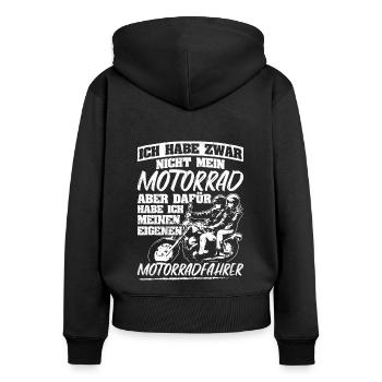 Ich habe zwar nicht mein eigenes Motorrad Bikerin - Frauen Premium Bio Zip Hoodie - Schwarz - Hinten - Julia (174cm)