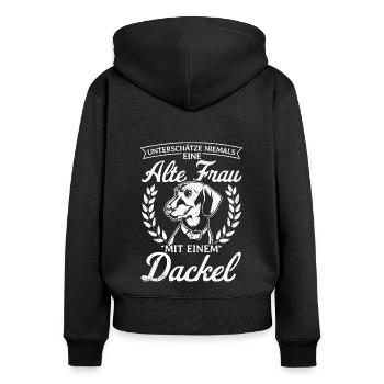 Unterschätze niemals eine alte Frau mit Dackel Mut - Frauen Premium Bio Zip Hoodie - Schwarz - Hinten - Julia (174cm)