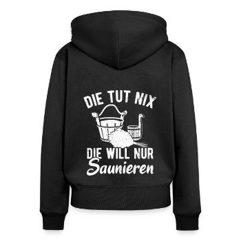 Sauna Wellness Saunagänger Finnische Sauna Spruch - Frauen Premium Bio Zip Hoodie - Schwarz - Hinten - Julia (174cm)