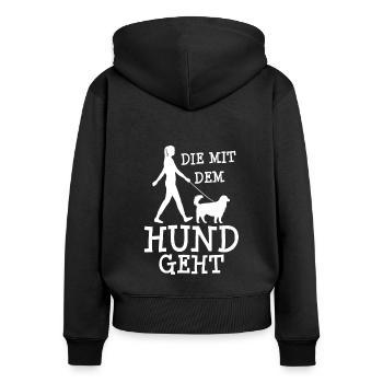 Die mit dem Hund geht - Frauen Premium Bio Zip Hoodie - Schwarz - Hinten - Julia (174cm)