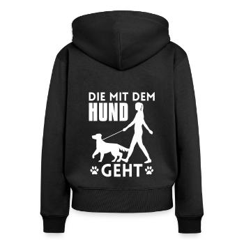 Die mit dem Hund geht - Frauen Premium Bio Zip Hoodie - Schwarz - Hinten - Julia (174cm)