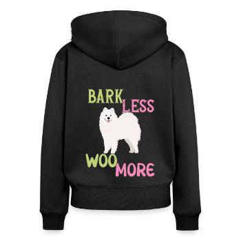 Bark less - Woo more - Sweat à capuche zippé Premium bio Femme - noir - Dos - Julia (174cm)