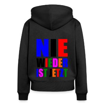 Nie wieder ist jetzt - Frauen Premium Bio Zip Hoodie - Schwarz - Hinten - Julia (174cm)