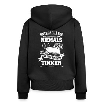Unterschätze Niemals eine Frau mit Tinker Pferd - Frauen Premium Bio Zip Hoodie - Schwarz - Hinten - Julia (174cm)
