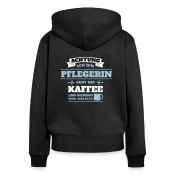 Gebt mir Kaffee ich bin Pflegerin - Frauen Premium Bio Zip Hoodie - Schwarz - Hinten - Julia (174cm)