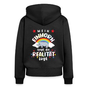 Mein Einnhorn sagt die Realität lügt bunt - Frauen Premium Bio Zip Hoodie - Schwarz - Hinten - Julia (174cm)