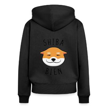 Shiba Bien Kawai, Chien Shiba-Inu au Grand Sourire - Sweat à capuche zippé Premium bio Femme - noir - Dos - Julia (174cm)