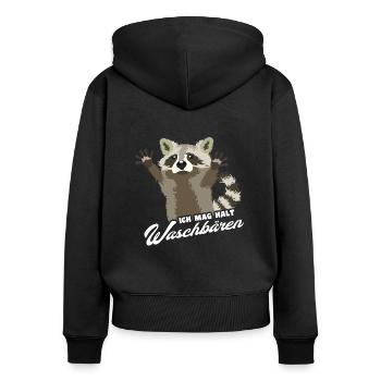 Ich mag halt Waschbären Spruch - Frauen Premium Bio Zip Hoodie - Schwarz - Hinten - Julia (174cm)