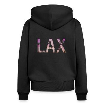 LAX (Los Angeles) Schriftzug - Frauen Premium Bio Zip Hoodie - Schwarz - Hinten - Julia (174cm)