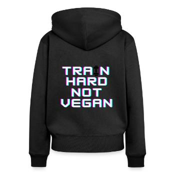 Train hard not vegan - Frauen Premium Bio Zip Hoodie - Schwarz - Hinten - Julia (174cm)