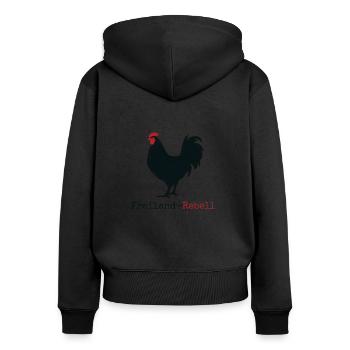 Freiland Rebell - Frauen Premium Bio Zip Hoodie - Schwarz - Hinten - Julia (174cm)