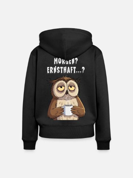 Morgenmuffel Eule Kaffee Geschenk Schlafshirt - Frauen Premium Bio Zip Hoodie - Schwarz