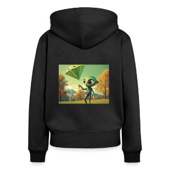 niedlich klein grün retro vintage alien fliegen einen drachen fliegen - Frauen Premium Bio Zip Hoodie - Schwarz - Hinten - Julia (174cm)