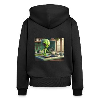 mignon petit vert rétro vintage alien tous les jours - Sweat à capuche zippé Premium bio Femme - noir - Dos - Julia (174cm)