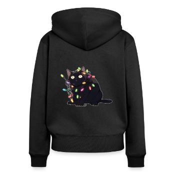 Weihnachts-Katze in der Lichterkette - Frauen Premium Bio Zip Hoodie - Schwarz - Hinten - Julia (174cm)