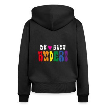 DU BIST ANDERS (Regenbogenfahne / LGBTQ) - Frauen Premium Bio Zip Hoodie - Schwarz - Hinten - Julia (174cm)