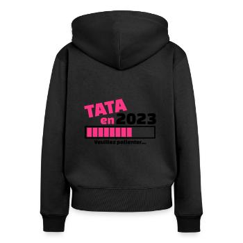 tata en 2023 veuillez patienter - Sweat à capuche zippé Premium bio Femme - noir - Dos - Julia (174cm)