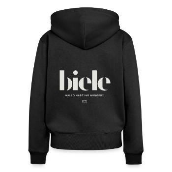 Biele Hallo habt ihr Hunger? - Frauen Premium Bio Zip Hoodie - Schwarz - Hinten - Julia (174cm)