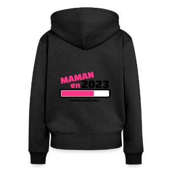 maman en 2023 veuillez patienter - Sweat à capuche zippé Premium bio Femme - noir - Dos - Julia (174cm)