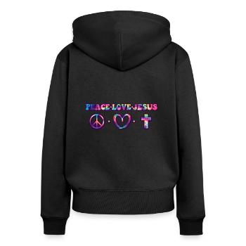 Frieden Liebe und Jesus - Frauen Premium Bio Zip Hoodie - Schwarz - Hinten - Julia (174cm)