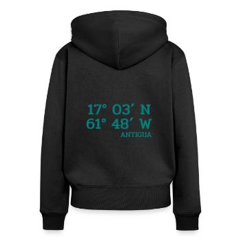 Coordonnées Antigua - Coordonnées - Caraïbes - Sweat à capuche zippé Premium bio Femme - noir - Dos - Julia (174cm)
