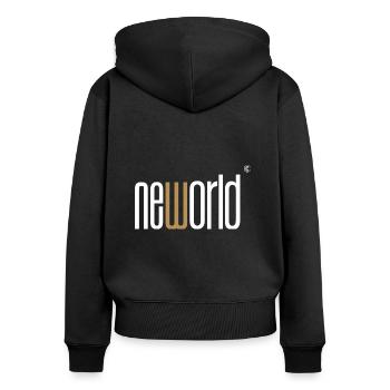 neworld | Design Logo Marke - Frauen Premium Bio Zip Hoodie - Schwarz - Hinten - Julia (174cm)