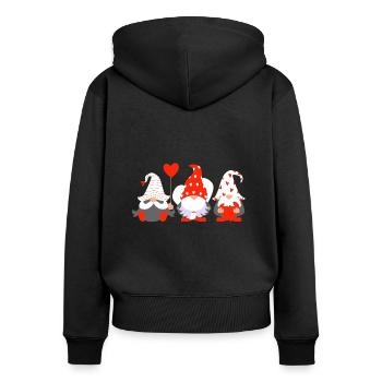 Lustiger Gnom hängt ein rotes Herz Valentinstag 2024 - Frauen Premium Bio Zip Hoodie - Schwarz - Hinten - Julia (174cm)