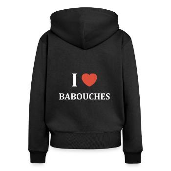 Hausschuhe Humor - Frauen Premium Bio Zip Hoodie - Schwarz - Hinten - Julia (174cm)