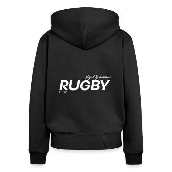 Rugby - Frauen Premium Bio Zip Hoodie - Schwarz - Hinten - Julia (174cm)