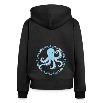 Pieuvre joyeuse et drôle avec des poissons colorés - Sweat à capuche zippé Premium bio Femme - noir - Dos - Julia (174cm)
