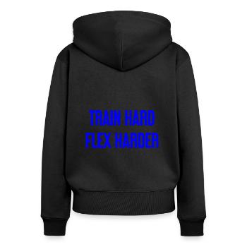 Train Hard Flex Harder - Frauen Premium Bio Zip Hoodie - Schwarz - Hinten - Julia (174cm)