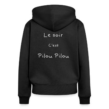 Le soir c'est pyjama pilou pilou cadeau femme - Sweat à capuche zippé Premium bio Femme - noir - Dos - Julia (174cm)