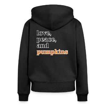 Love, Peace and Pumpkins Lustiger Halloween Spruch - Frauen Premium Bio Zip Hoodie - Schwarz - Hinten - Julia (174cm)