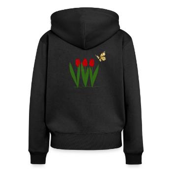Tulpen und Schmetterling, Frühling - Frauen Premium Bio Zip Hoodie - Schwarz - Hinten - Julia (174cm)