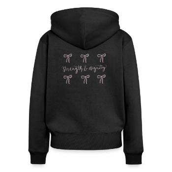 Strength & Dignity Bow design - Proverbs 31:25 - Women's Premium Organic Zip Hoodie - black - Back - Julia (174cm)