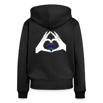 Hände formen ein Herz. Positive vibes only - Frauen Premium Bio Zip Hoodie - Schwarz - Hinten - Julia (174cm)