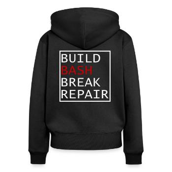 Build bash break repair - Sweat à capuche zippé Premium bio Femme - noir - Dos - Julia (174cm)