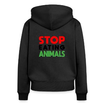Stop eating Animals - Black Edition - Frauen Premium Bio Zip Hoodie - Schwarz - Hinten - Julia (174cm)