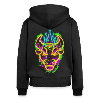 L.Gor Stier - Frauen Premium Bio Zip Hoodie - Schwarz - Hinten - Julia (174cm)