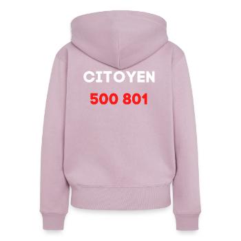 citoyen 500 801 numéro gouvernement - Sweat à capuche zippé Premium bio Femme - rose poudré - Dos - Julia (174cm)