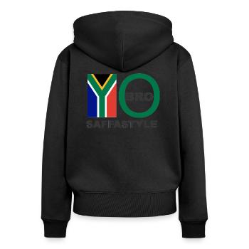 YO BRO - Women's Premium Organic Zip Hoodie - black - Back - Julia (174cm)