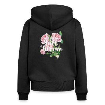 Live life full bloom -Leben in vollen Zügen leben - Frauen Premium Bio Zip Hoodie - Schwarz - Hinten - Julia (174cm)