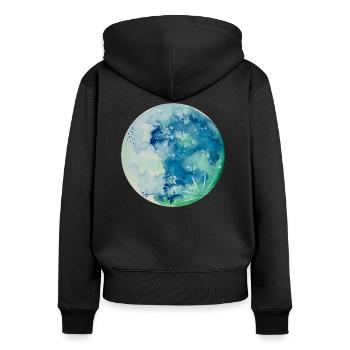 Lune bleue aquarelle peinte à la main - Sweat à capuche zippé Premium bio Femme - noir - Dos - Julia (174cm)