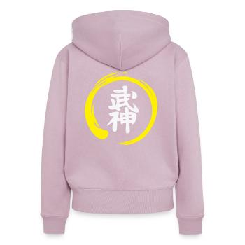 Kanji Bujinkan avec cercle jaune - Sweat à capuche zippé Premium bio Femme - rose poudré - Dos - Julia (174cm)
